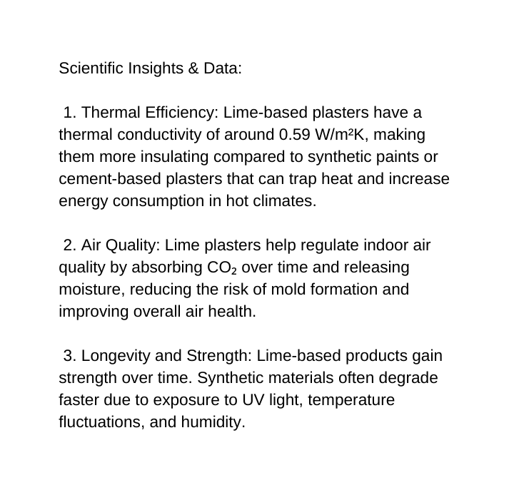 Scientific Insights Data 1 Thermal Efficiency Lime based plasters have a thermal conductivity of around 0 59 W m K making them more insulating compared to synthetic paints or cement based plasters that can trap heat and increase energy consumption in hot climates 2 Air Quality Lime plasters help regulate indoor air quality by absorbing CO over time and releasing moisture reducing the risk of mold formation and improving overall air health 3 Longevity and Strength Lime based products gain strength over time Synthetic materials often degrade faster due to exposure to UV light temperature fluctuations and humidity